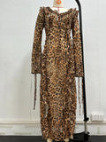 Sexy Chiffon Leopard Printing Dress for Women V Neck Long Sleeve Patchwork Lace Up Split Evening Club Maxi Dresses