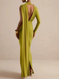 Cowl Neck Maxi Evening Dress for Women One Long Sleeve Cutout Waist Backless Cape Sleeve for Formal Party Bodycon Solid Gown