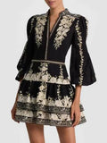 Vintage Indie Folk Style Print Dress for Women V Neck Three Quater Sleeves Patchwork Hollow Out Tiered Dresses Female New