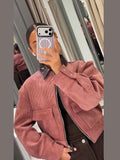 Women's Dusty Pink Corduroy Jacket Fashion Faux Leather Collar Long Sleeve Zipper Cropped Coat Lady 2026 Spring Chic Streetwear