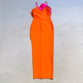 New Fashion Orange Color Women Sleeveless Sexy V-Neck Ruffles Bodycon Mid-calf Bandage Dress Birthday Celebrate Party Dress