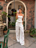 White Floral Print Two Piece Set Spaghetti Strap Ruffle Corset Top Strap Wide Leg Pants 2026 Summer Street Casual Women Outfit