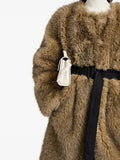 Street Crew Neck Faux Fur Midi Coat Long Sleeve Loose Winter Jacket with Adjustable Fabric Waist Belt Side Pockets for Daily