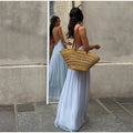 Blue Halter Pleated Long Beach Dress Women's Backless Sleeveless Puff Maxi Dresses Summer Evening Party Holiday Vacation New In