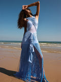 Women's Sky Blue Rhythm Fringed Long Maxi Dress 2026 New Sleeveless Ruffle Tassels Night Out Dress Clubwear Outfits