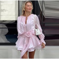 Elegant 3D Flower Cascading Ruffles Short Dress Women Loose Solid Lace Up Full Flare Sleeve Dresses Summer Lady Chic Robes