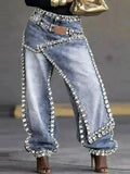 Women Jeans Wide Leg Layered Patchwork Washed Rhinestone Decor Asymmetric Streetwear Fashion Summer