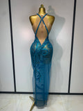 Women Luxury Blue Rhinestones Sequines Mesh Transparent Long Dress Club Evening Party Dress Birthday Photoshoot Clothing