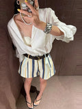 Boho Colorful Stripe Midi Skirt Set Turn Down Collar Single Breasted Long Sleeve Shirt Fitted Waist Flowy Women Skirts Outfits
