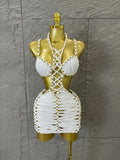 Women Sexy Sparkly White Braided Halter Mini Dress Gold Bead Trim Cutout Sides Ideal Beach Parties Vacations Special Occasions