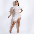 Sexy Pearls Rhinestone Party Birthday Dress for Women Luxury Evening Elegant Celebrity Feathers Sheer Mesh Short Dresses