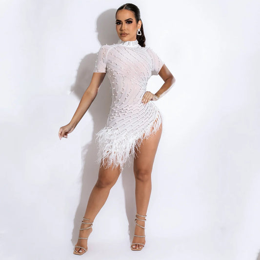 Sexy Pearls Rhinestone Party Birthday Dress for Women Luxury Evening Elegant Celebrity Feathers Sheer Mesh Short Dresses