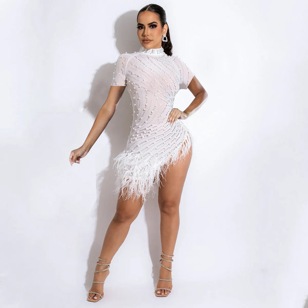 Sexy Pearls Rhinestone Party Birthday Dress for Women Luxury Evening Elegant Celebrity Feathers Sheer Mesh Short Dresses