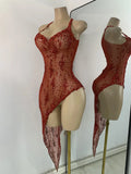 Sparkly Gold Design Evening Party Dress Luxury Rhinestones See Through Sexy Women's Clothing Mesh Stretch Birthday Dresses