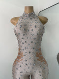 Women Sexy Spandex Rhinestones Sleeveless Tight Jumpsuit Celebrate Birthday Evening Club Rompers Photo Shoot Wear