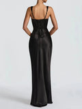 Sexy Satin Evening Long Dresses for Women Square Collar Sleeveless High Waist Folds Slimming Bodycon Dress Female