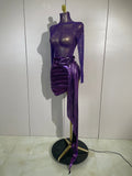 Luxury Sparkly Diamond Birthday Evening Party Nightclub Team Stage Costume Sexy Mesh See Through Purple Long Sleeves Mini Dress
