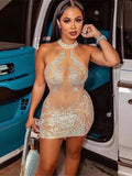 Sexy Skinny Women Dress Mesh Shiny Rhinestone See Through Coquette Mini Bodycon Hot Girls Ball Gown Party Clubwear