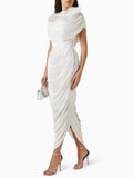 Elegant Spliced Shawl Long Dress for Women Sleeveless High Waist Patchwork Folds Dresses Female New
