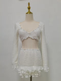 White Spliced Fungus Two Piece Set Female V Neck Long Sleeve Vest Beach Vacation Women's Skirt Sets Summer Fashion