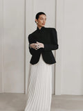 French Elegant Retro Black Blazer for Women Stand Collar Puff Sleeve Slimming Commuter Coats Female Winter Clothing