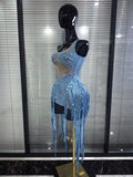 Blue Color Women Sexy Shining Crystal Sequins Fringes Bodycon Mini Dress Mesh See Through Celebrate Birthday Photoshoot Wear