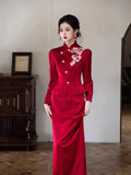 New Qipao Dress Autumn/winter Chinese Style Elegant Temperament Long Knitted Jacquard Slim Red Wedding Dress Set Qipao