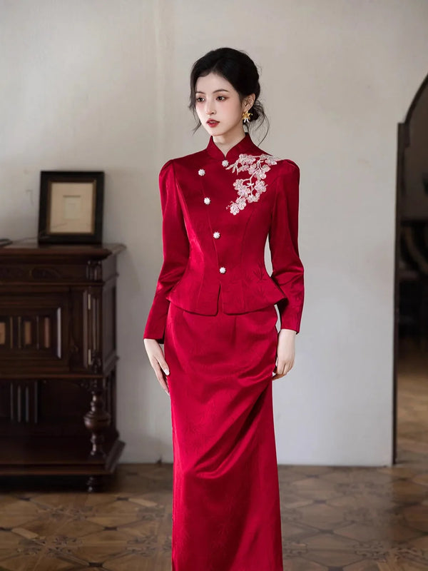 New Qipao Dress Autumn/winter Chinese Style Elegant Temperament Long Knitted Jacquard Slim Red Wedding Dress Set Qipao