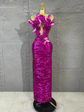 Fuchsia High-end Feather Floral Long Dress Women Hollow Cutout Long Gown Evening Prom Carnival Stage Performance Costume