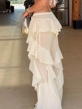 Street Hot Girl Style Pants for Women Low Waist Spliced ruffled Fashion Sheer Mesh Flared Trousers Female Autumn
