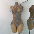 Sparkly Rhinestonnes Mesh Transparent Bodysuit Sexy Women Performance Nightclub Stage Outfit Luxury Festival Costume