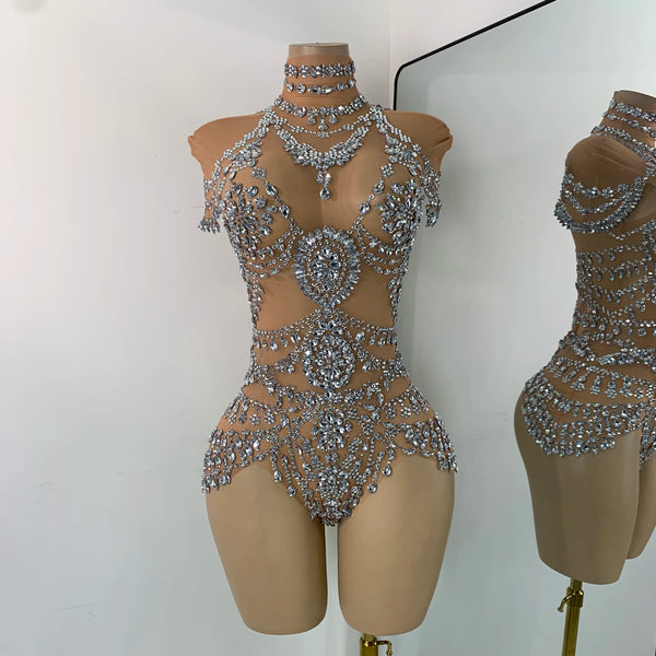 Sparkly Rhinestonnes Mesh Transparent Bodysuit Sexy Women Performance Nightclub Stage Outfit Luxury Festival Costume