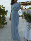 Patchwork Shawl Bodycon Party Maxi Dresses for Women O Neck Short Sleeve High Waist Evening Temperament Folds Dress Female