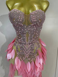Luxury Sparkly Diamonds Pearls Strapless Mesh Maxi Dress Elegant Eveing Birthday Party Sexy Nightclub Performance Stage Costume