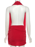 Halter Ruched Dress Women Sexy Whip Knot Backless Patchwork Elegant Stretch Christmas Peach Hip Birthday Mini Bodycon