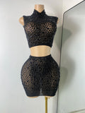 Sexy Sleeveless Crop Top Skirt Women's Sets Sparkly Luxury Diamonds See Through Mesh Stage Outfit Performance Singer Costume