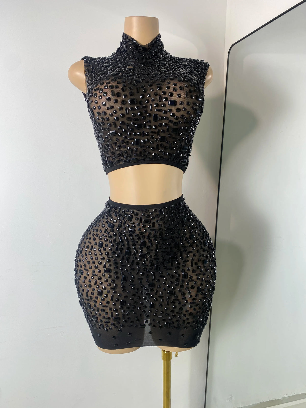 Sexy Sleeveless Crop Top Skirt Women's Sets Sparkly Luxury Diamonds See Through Mesh Stage Outfit Performance Singer Costume