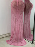 Luxury Rhinestones Pink Elegant Princess Long Dress Design Women Sexy Mesh Split Backless See Through Dresses For Special Events