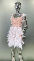 2026 Women's Heavy Industry Beaded Feather V-neck Waist-cinched Short Dress Luxury Haute Couture Party Evening Performance Gown