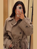 Vintage Plaid Belted Jackets Women Slim Full Sleeves Double-breasted Lapel Cropped Coats 2026 New Ladies Autumn Fashion Outwear