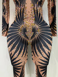 Sexy Long Sleeves Print Rhinestone Jumpsuits Drag Queen Show Stage Performance Costume Women Evening Party Nightclub Rompers