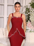 Solid Diamond Wave Cutting Design Sling Dress Sexy Sleeveless Waist Cinching Slim Women Dresses Evening Party Gown