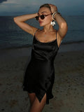 Elegant Satin Lace Long Dresses Women's Slip Backless Bandage High Slit Prom Maxi Dress Evening Party Night Out White Black