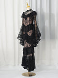 Retro Luxurious Wedding Dress for Women Stand Collar Flare Sleeve Spliced Ruffles Irregular Hem Party Long Dresses Female