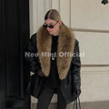 Luxury Fashion Design Black Long Faux Leather Coat Women Detachable Fur Collar Oversized PU Leather Jacket Blazer