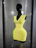 3 Colors Women Sleeveless Sexy V-Neck Front Zipper Bodycon Mini Bandage Dress Celebrate Birthday Party Cocktail Outfit