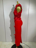 Women Black Red Beaded Flower Mesh Patchwork Long Bandage Dress Celebirty Elegant Prom Evening Club Party Birthday Dresses