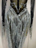 Women Evening Birthday Party Nightclub Dance Singer Stage Outfit Sexy Sparkly Rhinestone Sequins Tassel Mesh Transparent Dress