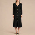 Black Casual Knit Midi Dresses For Women V Neck Gold signle Buttons Accent Textured Fabric Pleated Skirt For Office Commute