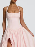 Solid Hotsweet Party Dress for Women Halter Neck Sleeveless Tunic Backless Slit Luxurious Puff Dresses Female New